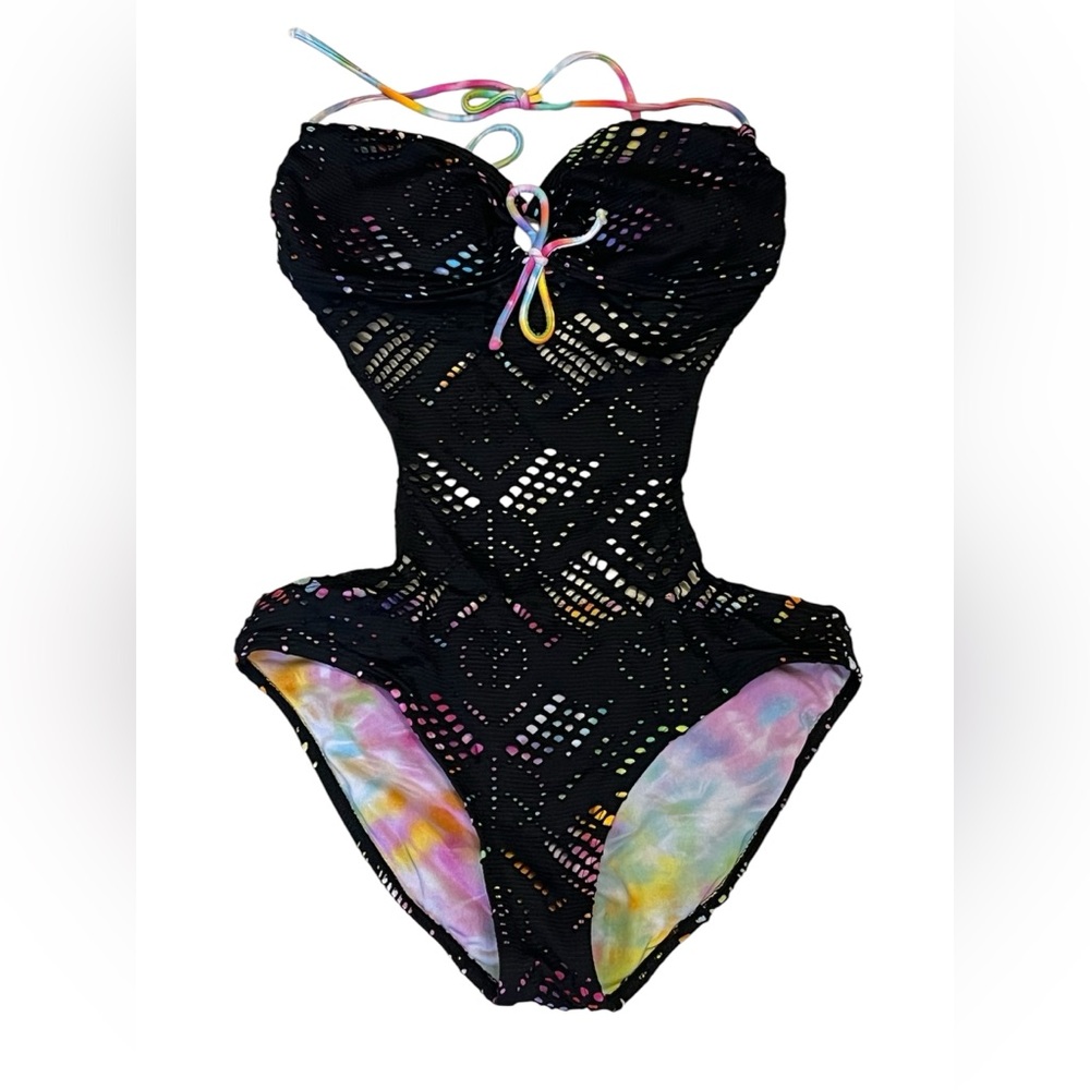 OP Black and Pink One Piece Swimsuit with Plunging Neckline
